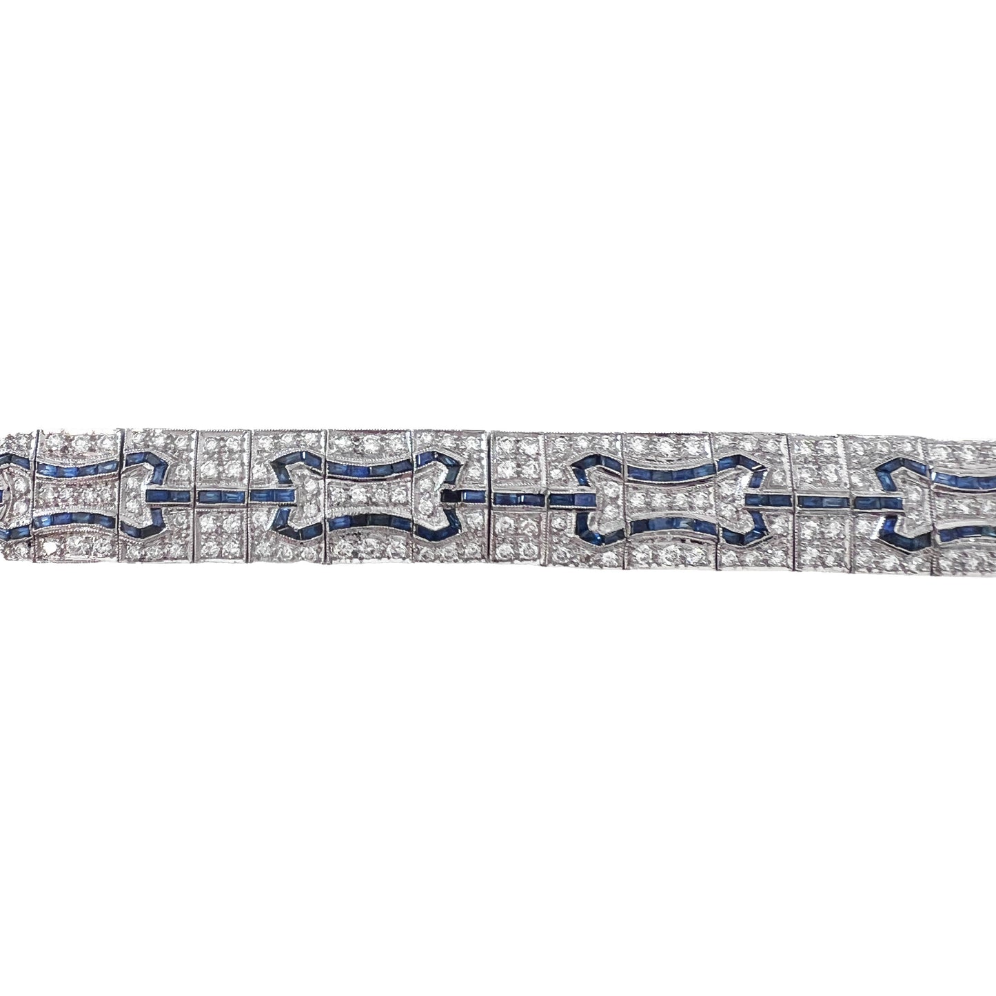 Art Deco-Inspired Diamond and Sapphire Bracelet, 18K Gold, 266 Diamonds ~4 Carats, Filigree Design, 7" Length