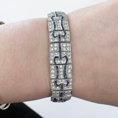 Art Deco-Inspired Diamond and Sapphire Bracelet, 18K Gold, 266 Diamonds ~4 Carats, Filigree Design, 7" Length