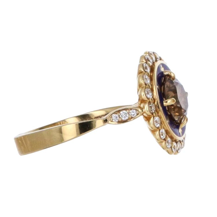 1.36 CT Cognac Champagne Diamond & Royal Blue Enamel Cluster Ring in 18K Yellow Gold