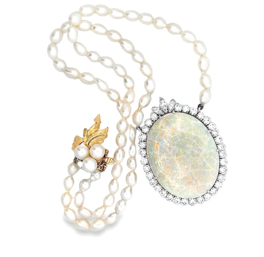 Opal and Diamond Halo Pendant Necklace with Pearl Strand, 14K Gold, 2.25 Carats