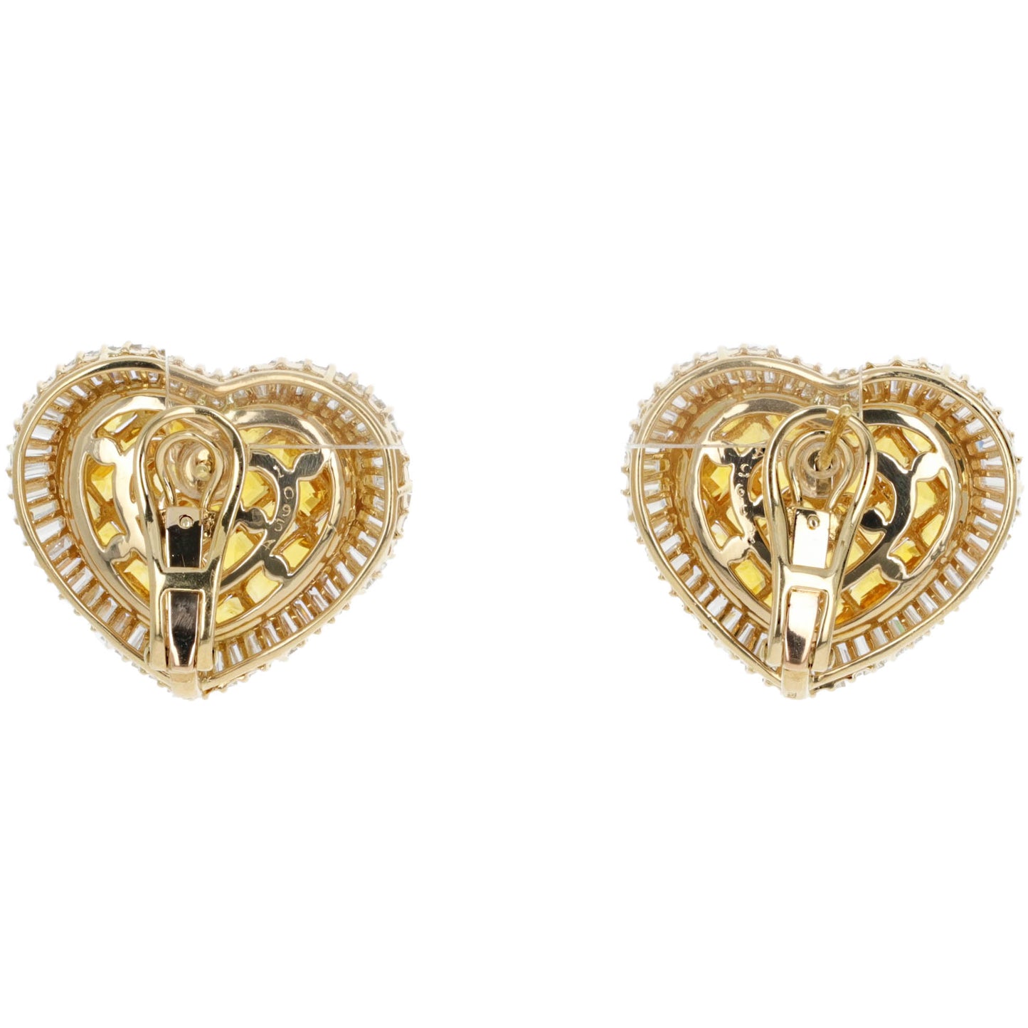 Yellow Sapphire and Diamond Heart Earrings, 19 Carats Sapphires, 10 Carats Diamonds, 18k Yellow Gold