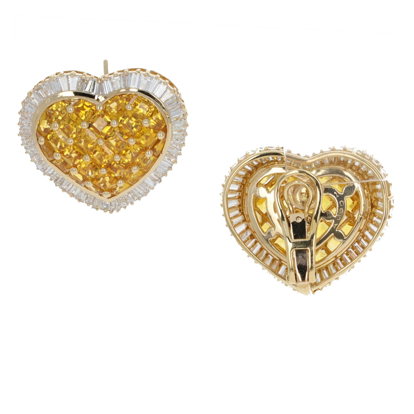 Yellow Sapphire and Diamond Heart Earrings, 19 Carats Sapphires, 10 Carats Diamonds, 18k Yellow Gold