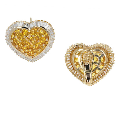 Yellow Sapphire and Diamond Heart Earrings, 19 Carats Sapphires, 10 Carats Diamonds, 18k Yellow Gold