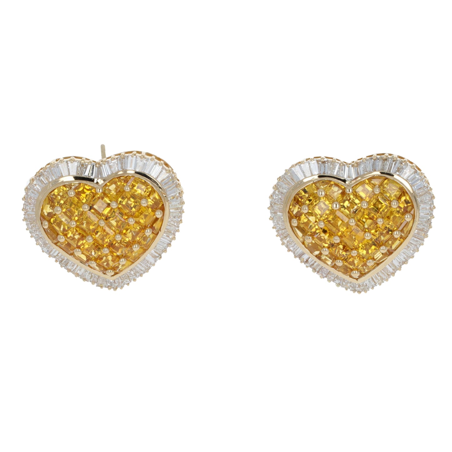 Yellow Sapphire and Diamond Heart Earrings, 19 Carats Sapphires, 10 Carats Diamonds, 18k Yellow Gold