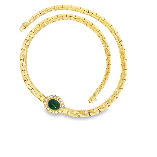 Vintage 18K Yellow Gold Emerald and Diamond Pendant Chain Necklace