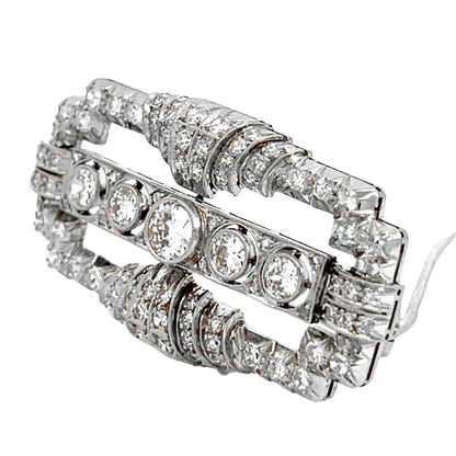 Art Deco Diamond Brooch Pin 2.85 Carat Platinum, Old European Cut Diamonds, Filigree Design