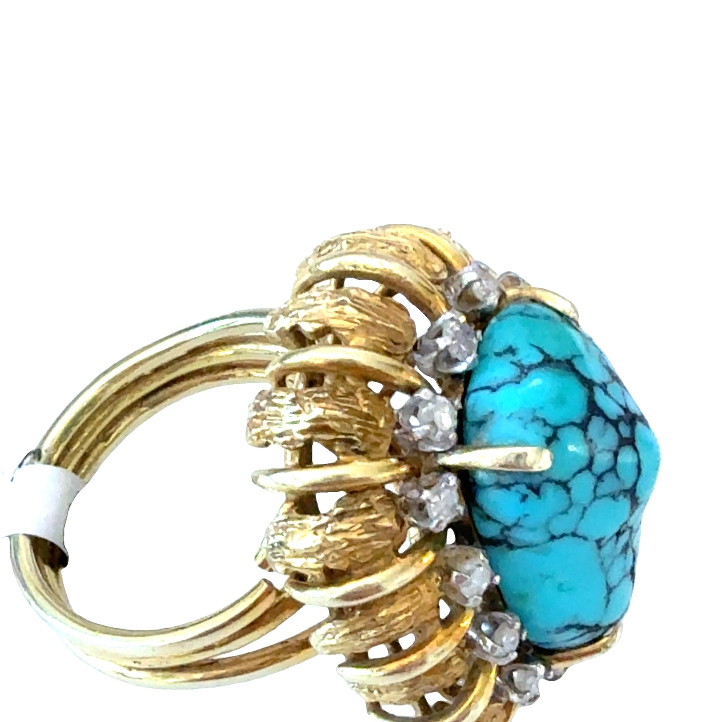 14K Gold Turquoise and Diamond Cocktail Ring, Retro Mid-Century Statement Ring, Size 6