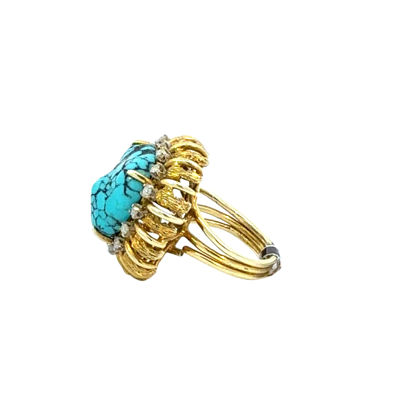 14K Gold Turquoise and Diamond Cocktail Ring, Retro Mid-Century Statement Ring, Size 6