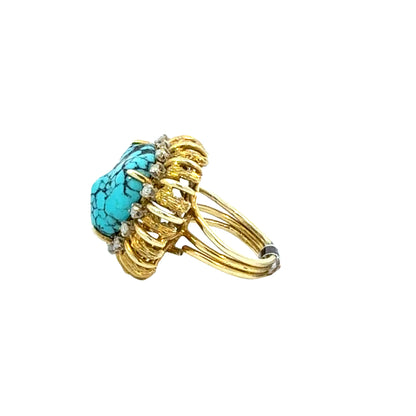 14K Gold Turquoise and Diamond Cocktail Ring, Retro Mid-Century Statement Ring, Size 6