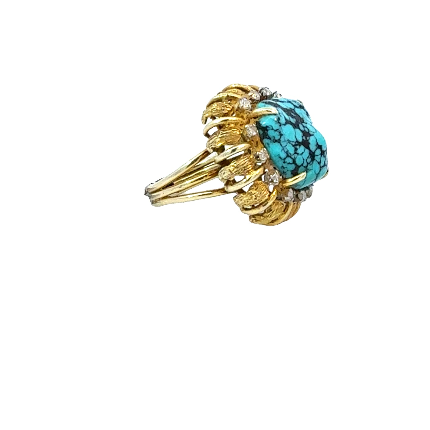 14K Gold Turquoise and Diamond Cocktail Ring, Retro Mid-Century Statement Ring, Size 6