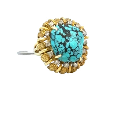 14K Gold Turquoise and Diamond Cocktail Ring, Retro Mid-Century Statement Ring, Size 6