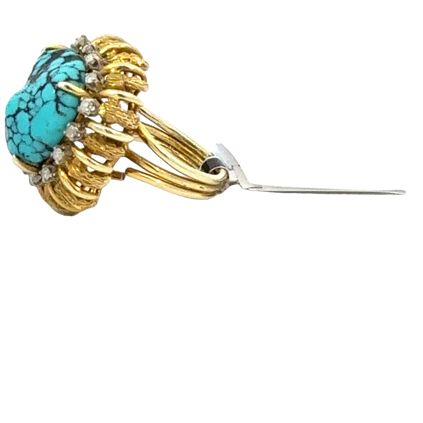 14K Gold Turquoise and Diamond Cocktail Ring, Retro Mid-Century Statement Ring, Size 6