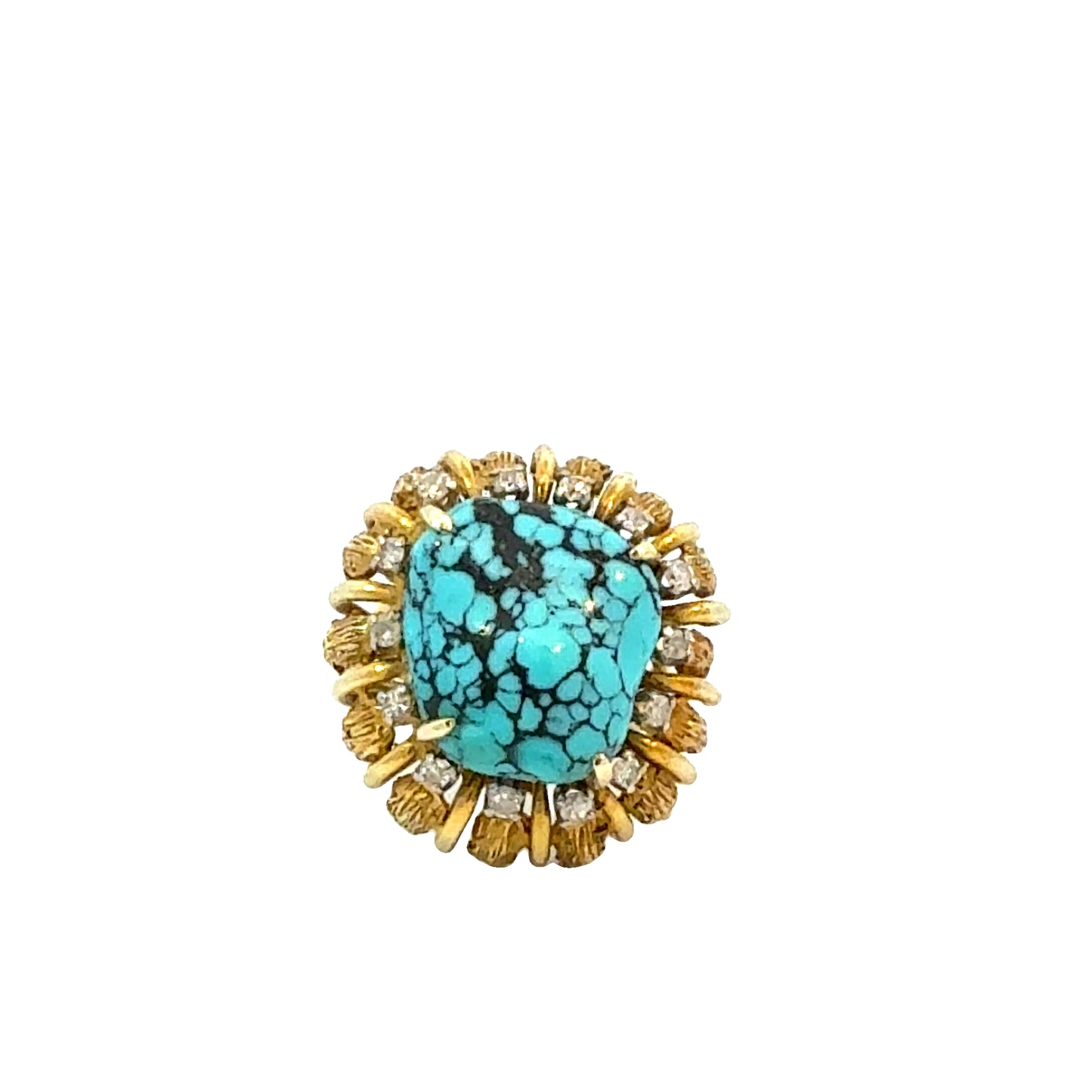 14K Gold Turquoise and Diamond Cocktail Ring, Retro Mid-Century Statement Ring, Size 6