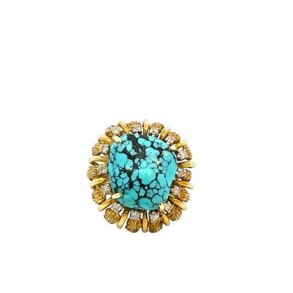 14K Gold Turquoise and Diamond Cocktail Ring, Retro Mid-Century Statement Ring, Size 6