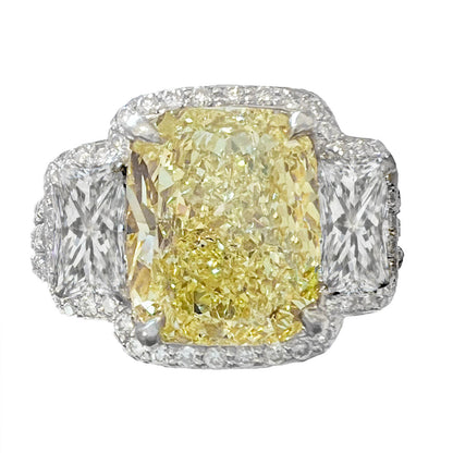 GIA-Certified Fancy Yellow 4.40 Carat Cushion-Cut Diamond 3-Stone Engagement Ring in Platinum and 18k Gold