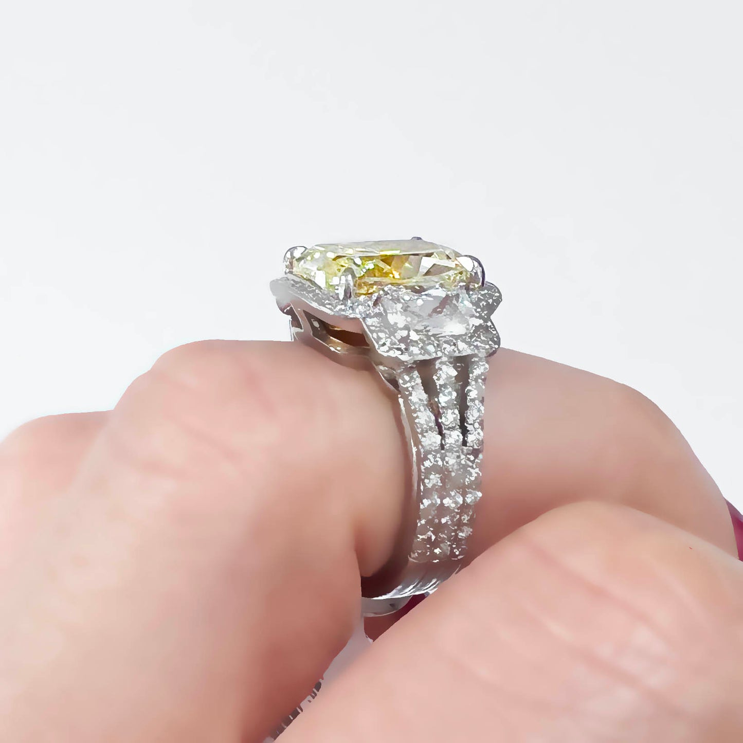 GIA-Certified Fancy Yellow 4.40 Carat Cushion-Cut Diamond 3-Stone Engagement Ring in Platinum and 18k Gold