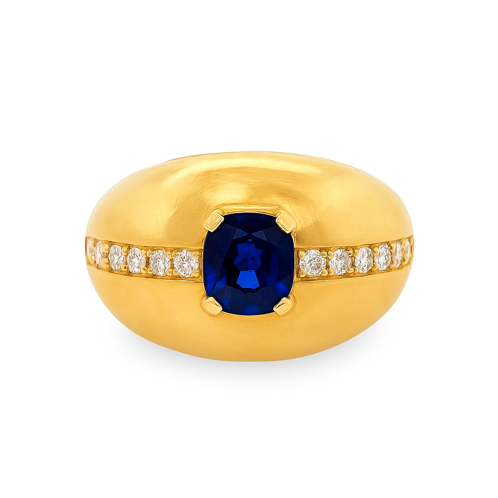 Retro 14K Yellow Gold Dome Ring with Blue Sapphire and Diamonds