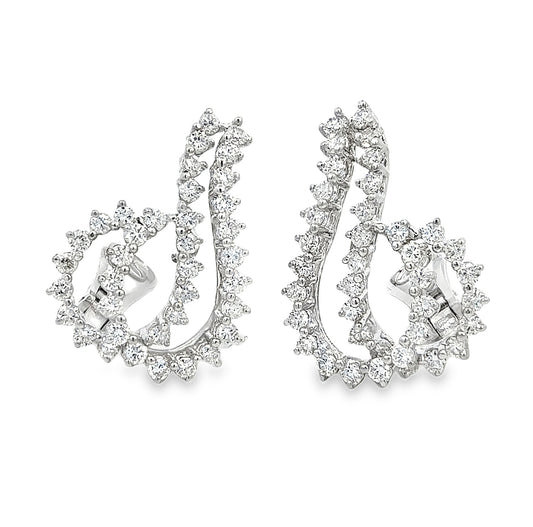18K White Gold Diamond Cluster Ear Climber Earrings 3.75 Carats Round Brilliant
