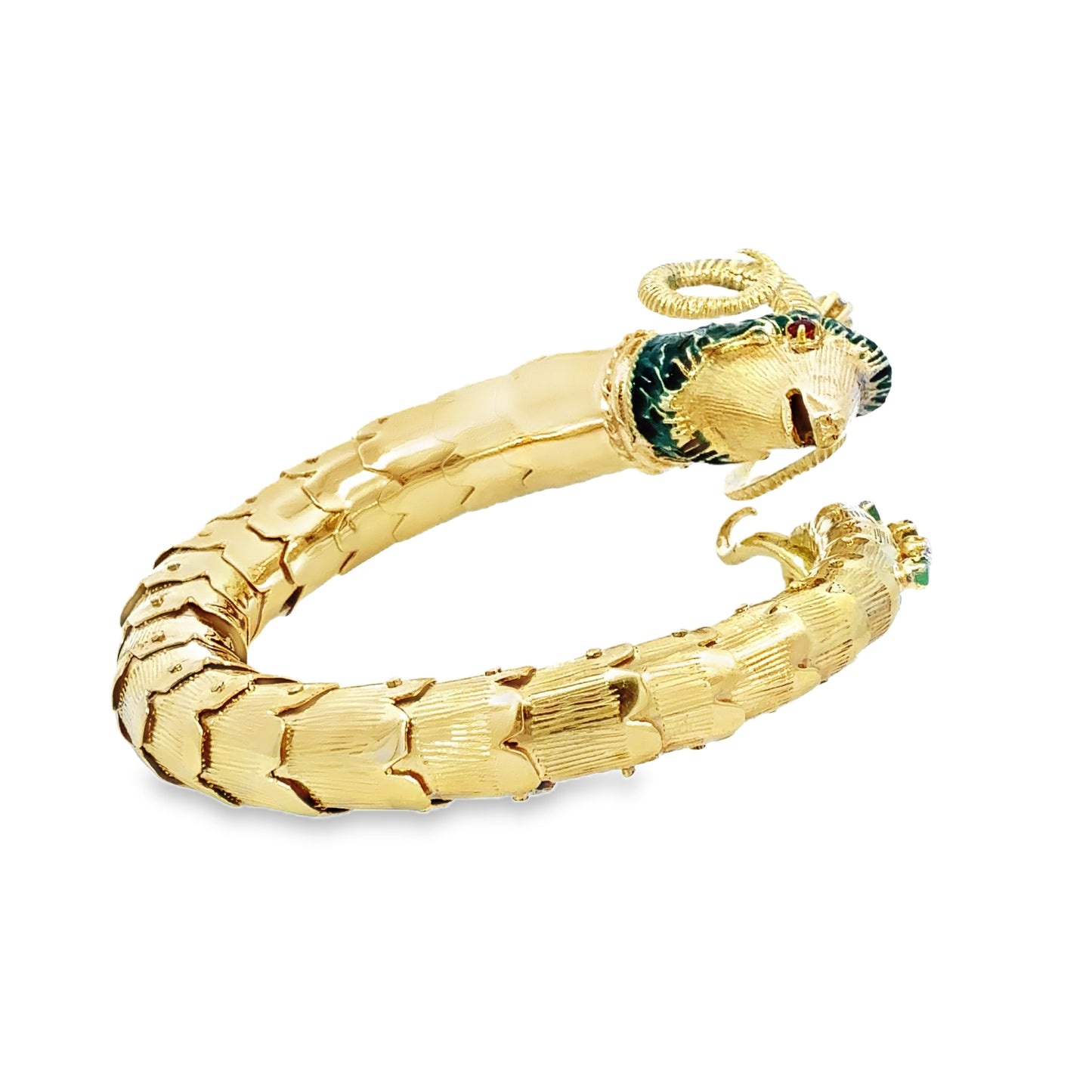 Retro 14K Gold Ram Head Bangle with Emeralds, Diamonds & Ruby Eyes