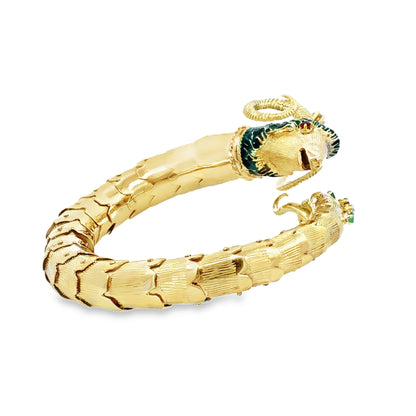 Retro 14K Gold Ram Head Bangle with Emeralds, Diamonds & Ruby Eyes