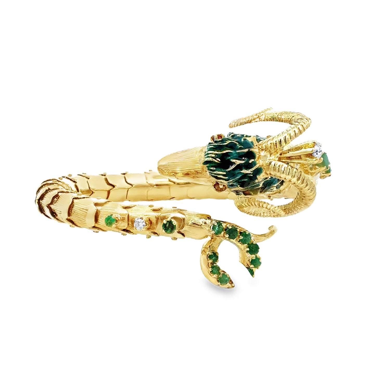 Retro 14K Gold Ram Head Bangle with Emeralds, Diamonds & Ruby Eyes