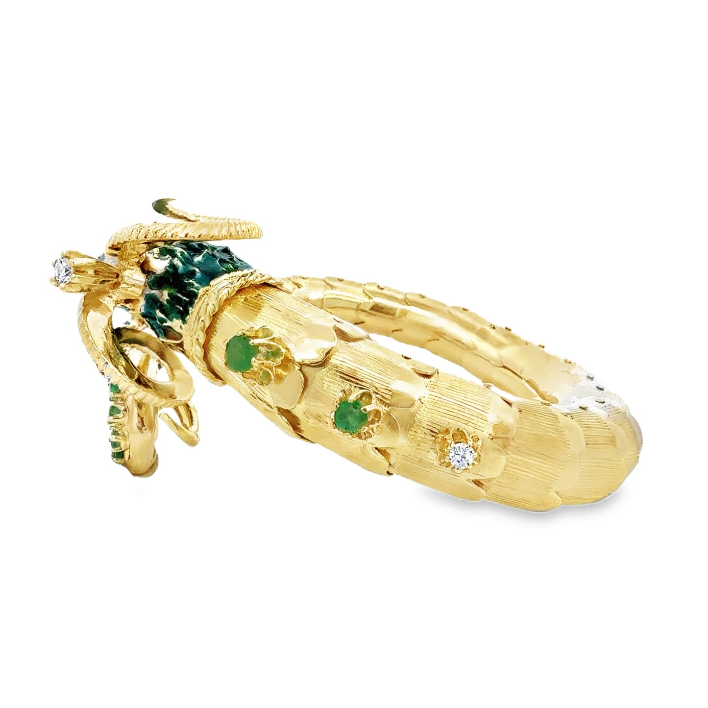 Retro 14K Gold Ram Head Bangle with Emeralds, Diamonds & Ruby Eyes