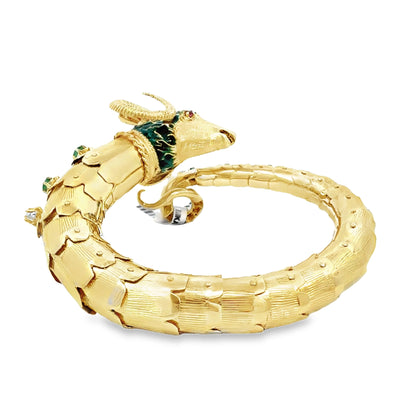 Retro 14K Gold Ram Head Bangle with Emeralds, Diamonds & Ruby Eyes