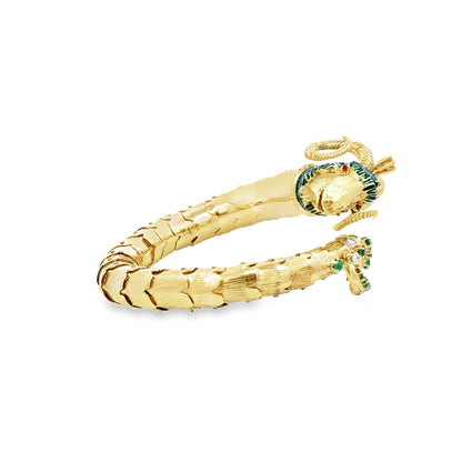 Retro 14K Gold Ram Head Bangle with Emeralds, Diamonds & Ruby Eyes