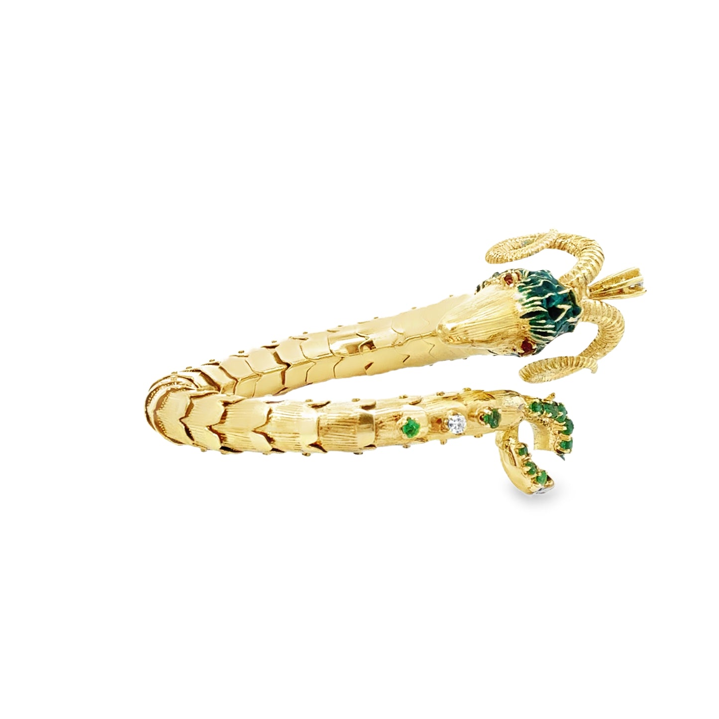 Retro 14K Gold Ram Head Bangle with Emeralds, Diamonds & Ruby Eyes