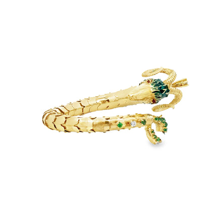 Retro 14K Gold Ram Head Bangle with Emeralds, Diamonds & Ruby Eyes