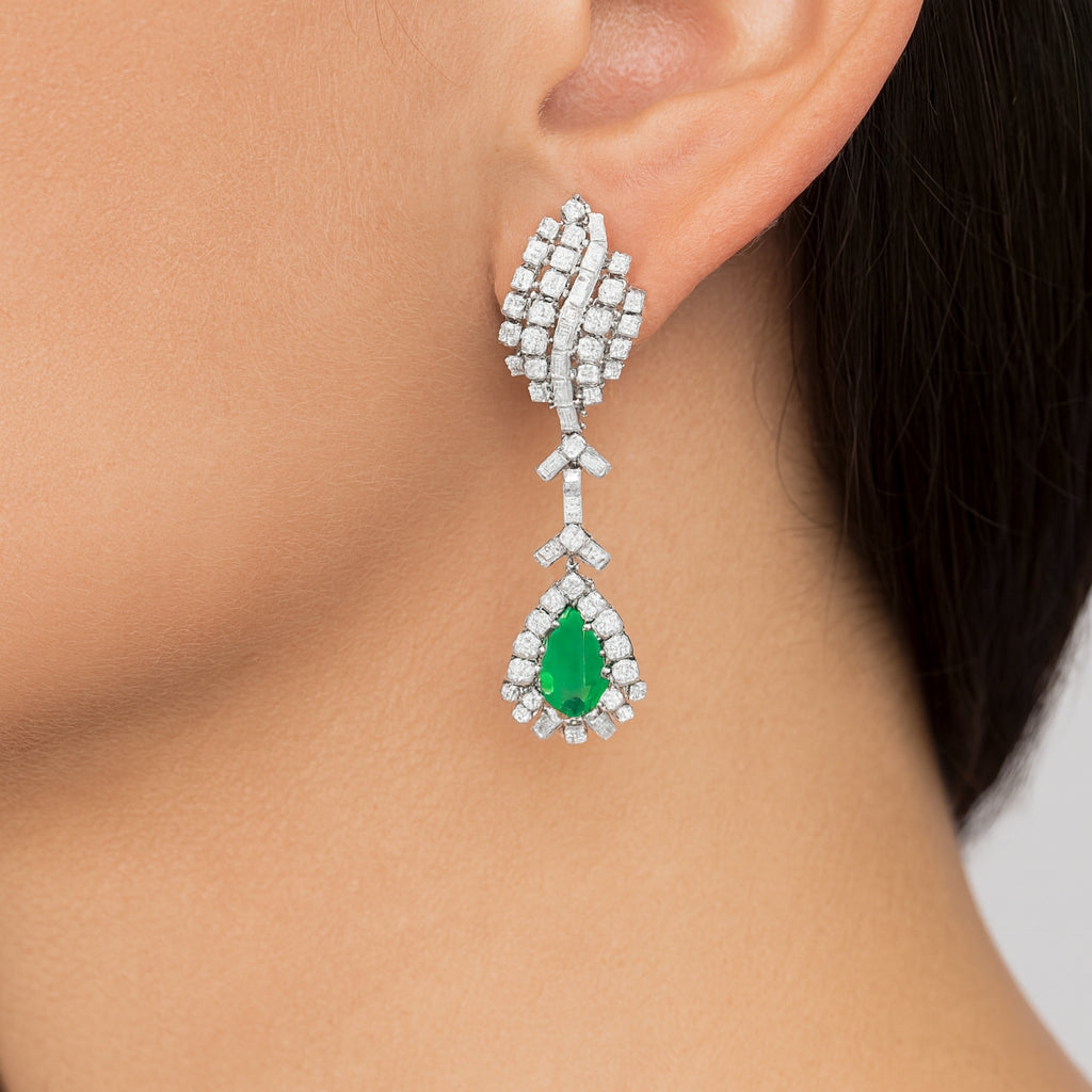 Luxury Emerald Diamond Dangle Earrings – 18K White Gold, 4.25ct Emeralds, 6.30ct Diamonds
