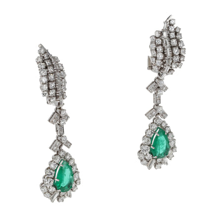 Luxury Emerald Diamond Dangle Earrings – 18K White Gold, 4.25ct Emeralds, 6.30ct Diamonds