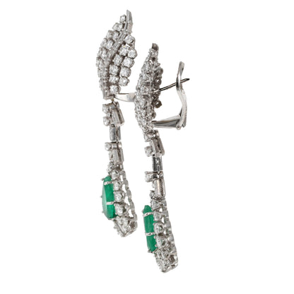 Luxury Emerald Diamond Dangle Earrings – 18K White Gold, 4.25ct Emeralds, 6.30ct Diamonds