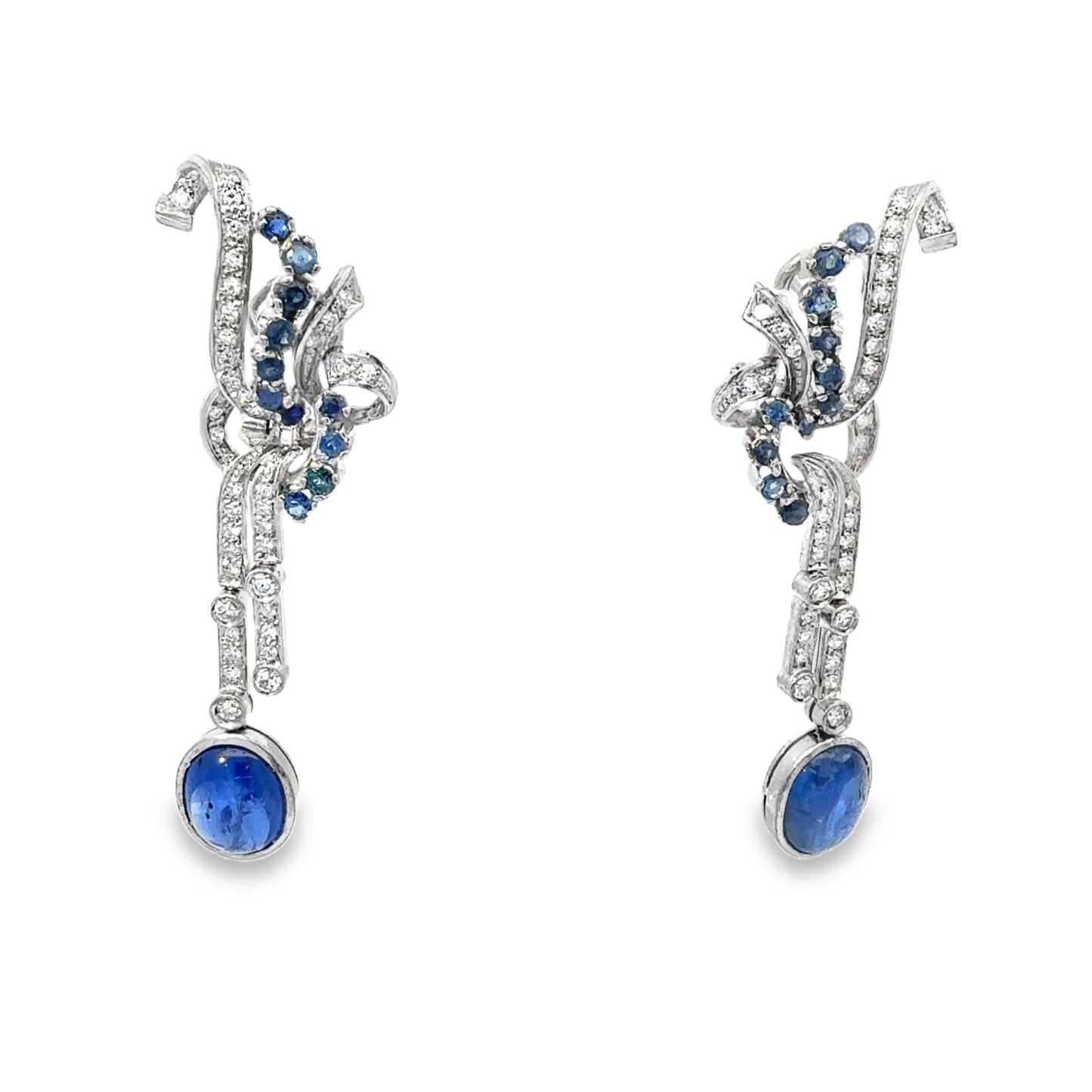Art Deco Sapphire Diamond Chandelier Earrings, 18 Karat White Gold