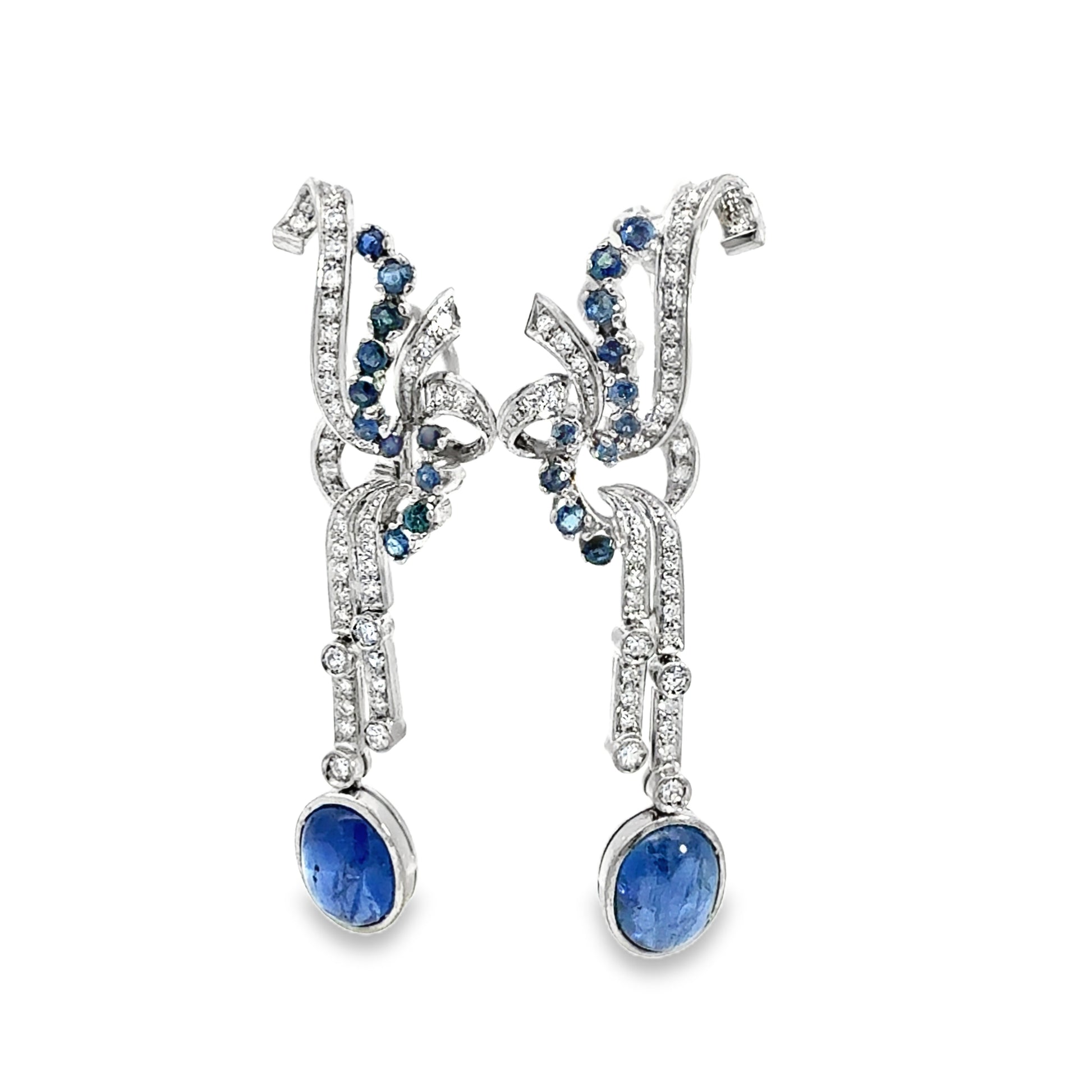 Art Deco Sapphire Diamond Chandelier Earrings, 18 Karat White Gold