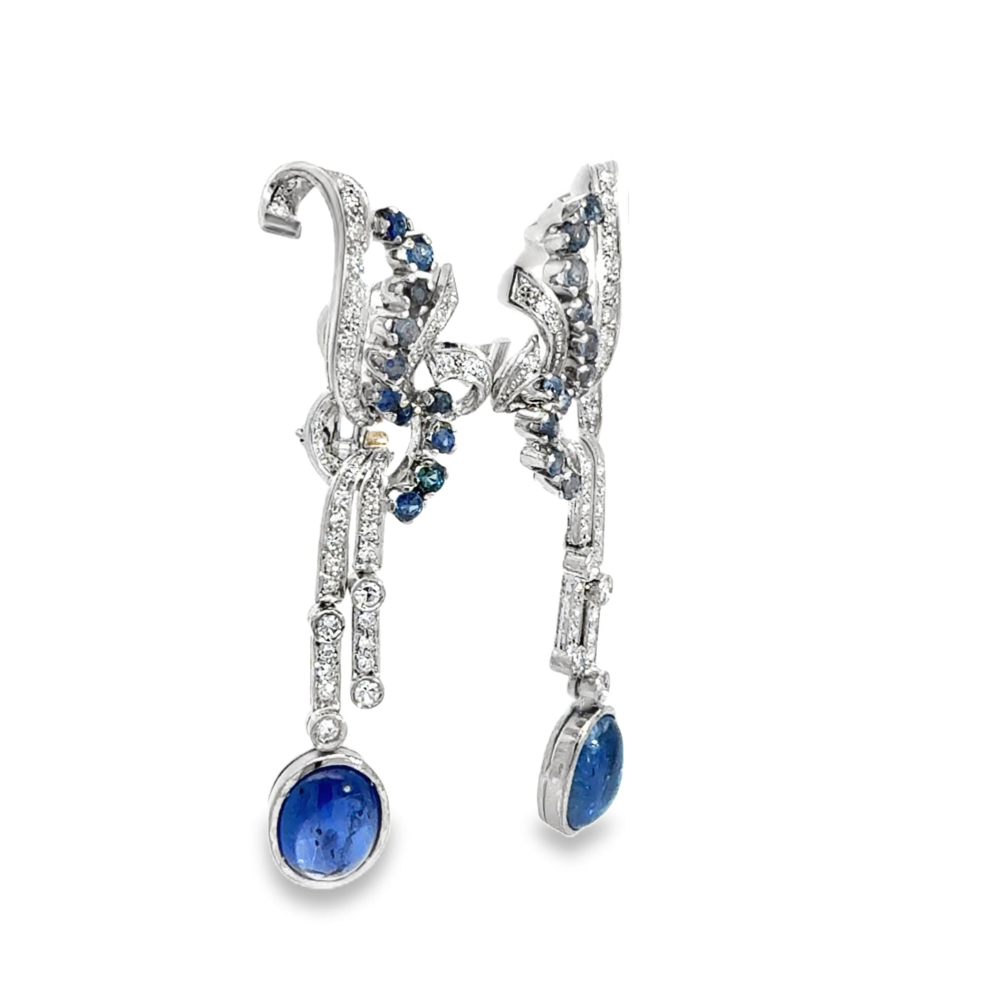 Art Deco Sapphire Diamond Chandelier Earrings, 18 Karat White Gold