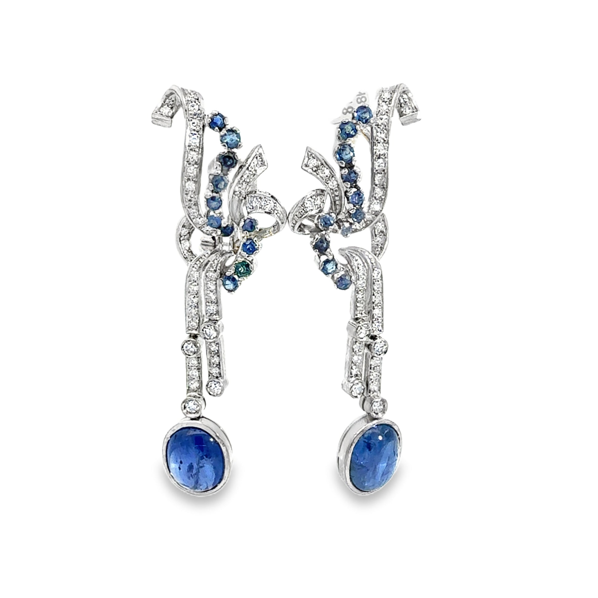 Art Deco Sapphire Diamond Chandelier Earrings, 18 Karat White Gold