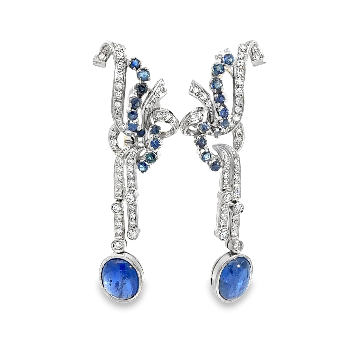 Art Deco Sapphire Diamond Chandelier Earrings, 18 Karat White Gold