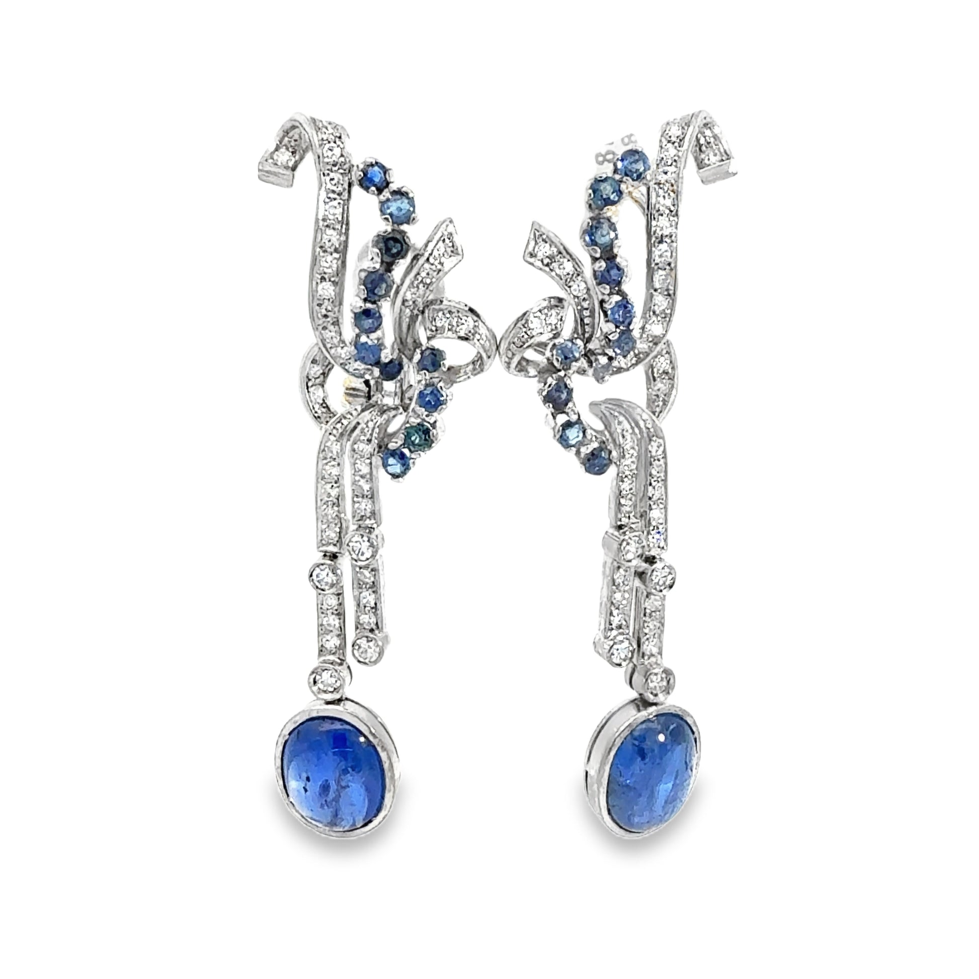 Art Deco Sapphire Diamond Chandelier Earrings, 18 Karat White Gold