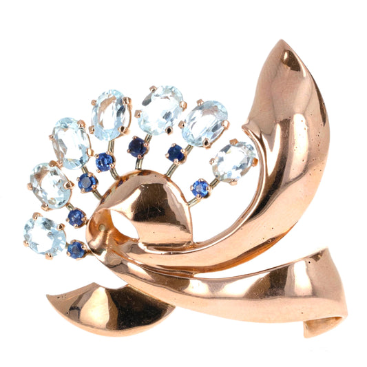 Aquamarine and Sapphire Brooch, 14 Karat Rose Gold