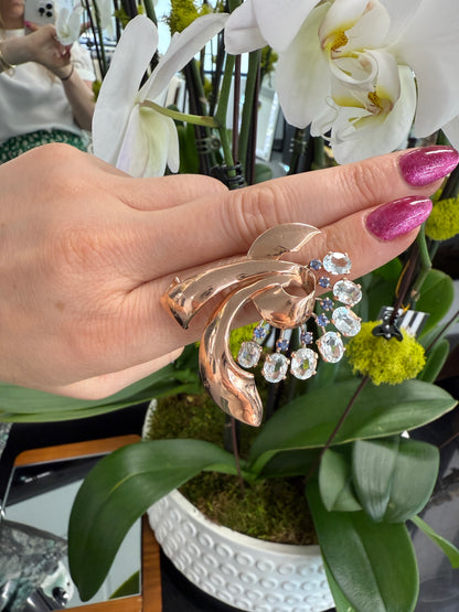 Aquamarine and Sapphire Brooch, 14 Karat Rose Gold