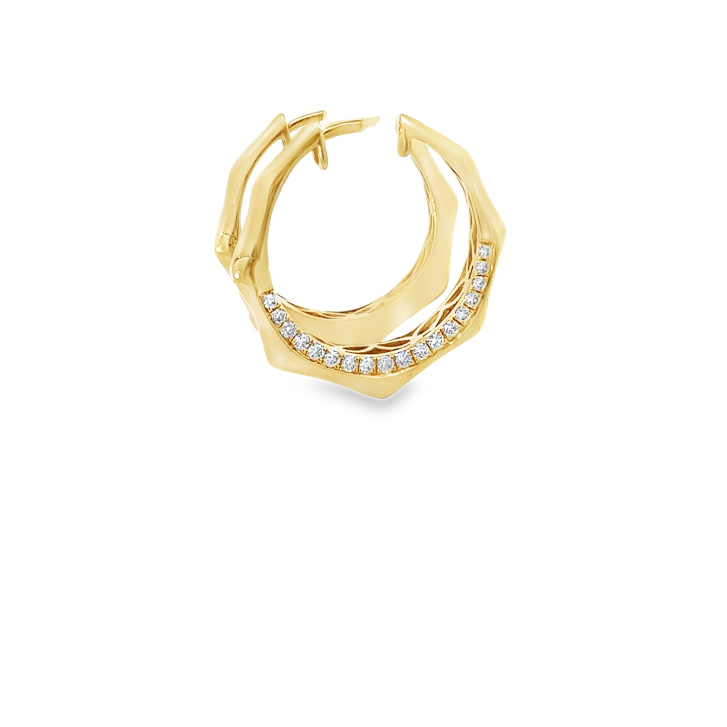 18K yellow gold geometric hoop earrings set with 36 pave round brilliant diamonds, 0.41 ctw. Stylish, modern, and beautifully crafted.