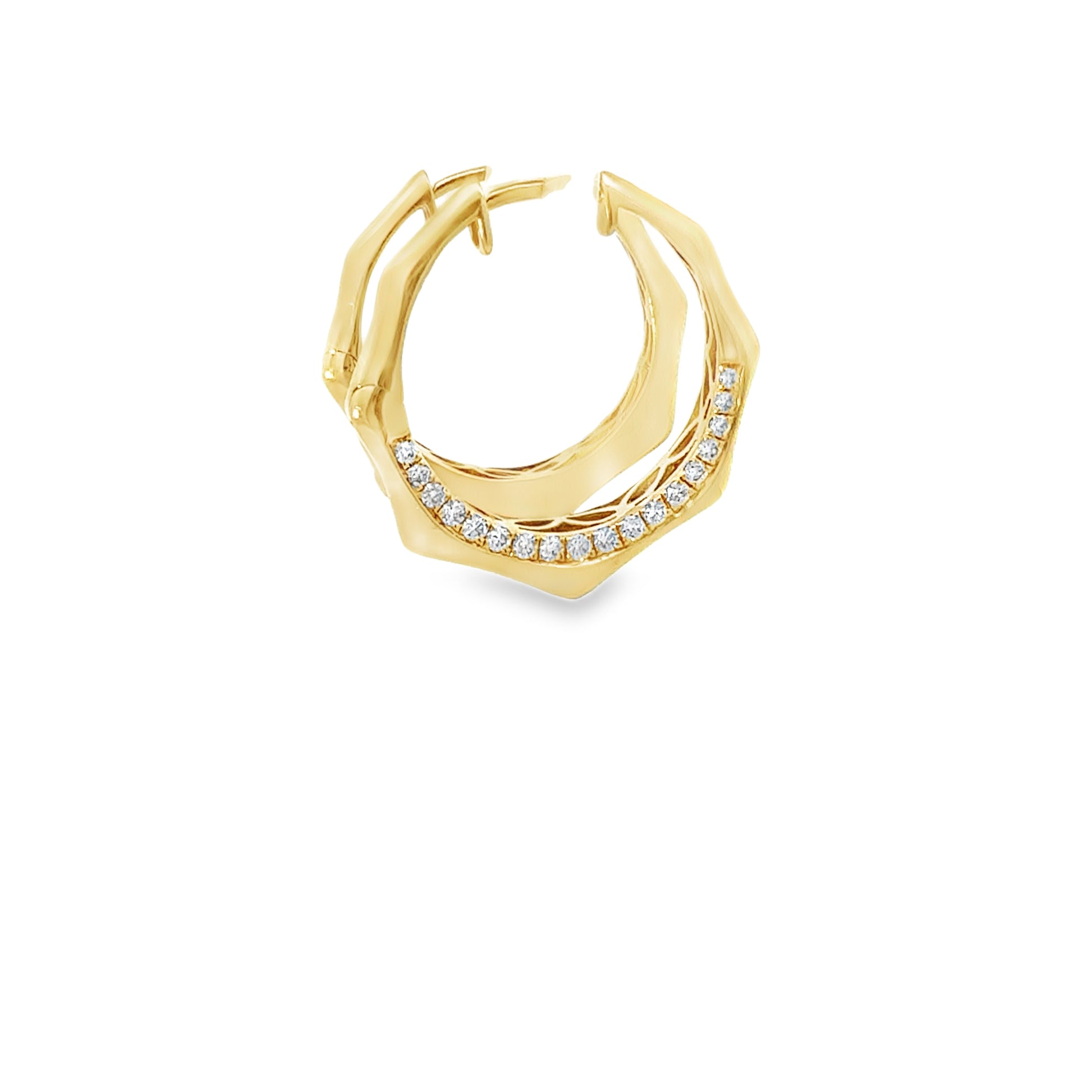 18K yellow gold geometric hoop earrings set with 36 pave round brilliant diamonds, 0.41 ctw. Stylish, modern, and beautifully crafted.