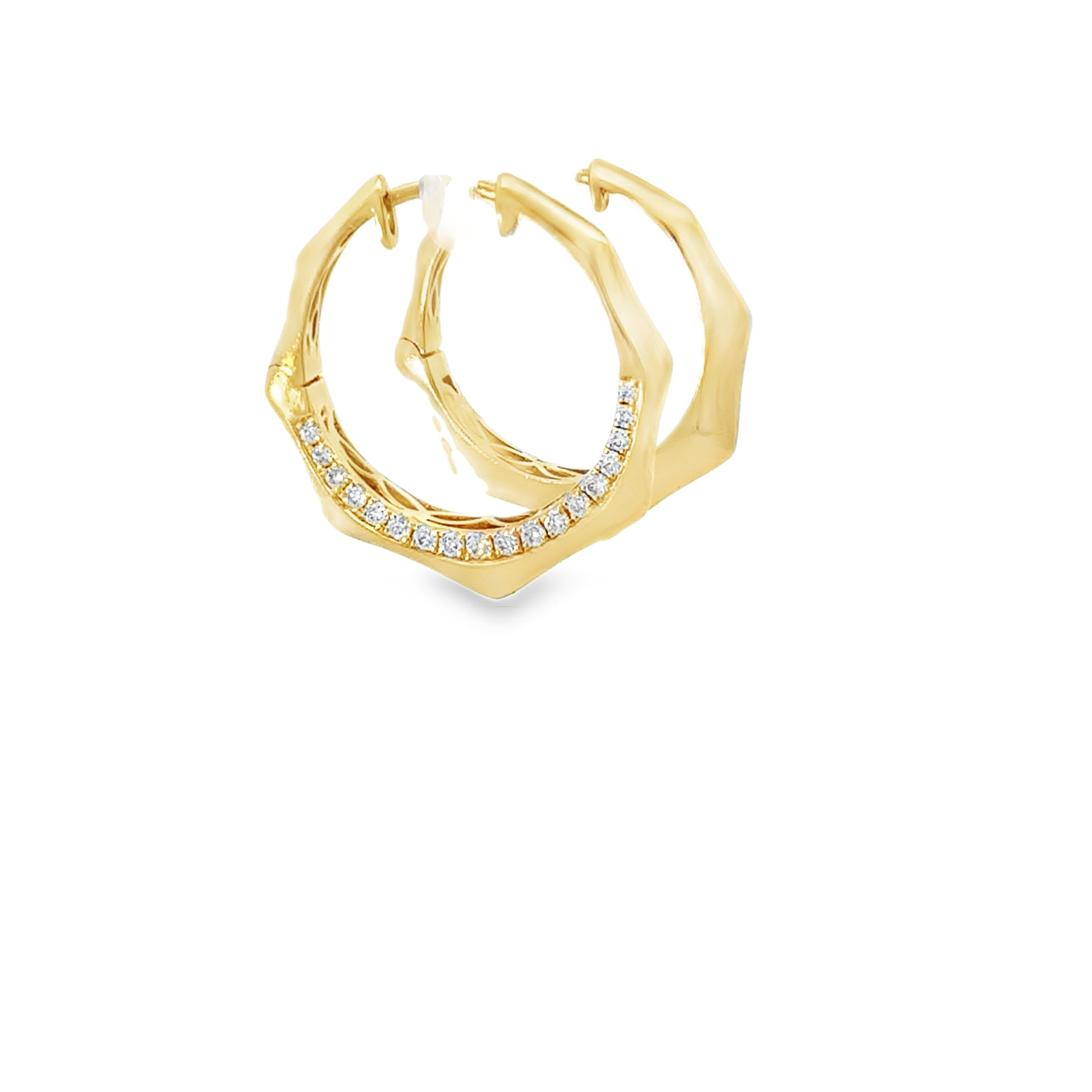 18K yellow gold geometric hoop earrings set with 36 pave round brilliant diamonds, 0.41 ctw. Stylish, modern, and beautifully crafted.