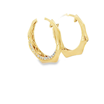 18K yellow gold geometric hoop earrings set with 36 pave round brilliant diamonds, 0.41 ctw. Stylish, modern, and beautifully crafted.