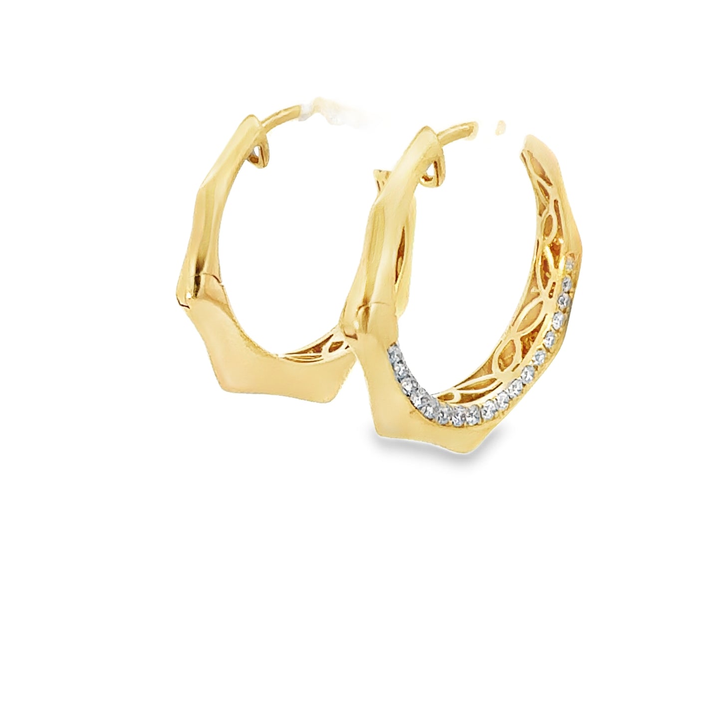 18K yellow gold geometric hoop earrings set with 36 pave round brilliant diamonds, 0.41 ctw. Stylish, modern, and beautifully crafted.
