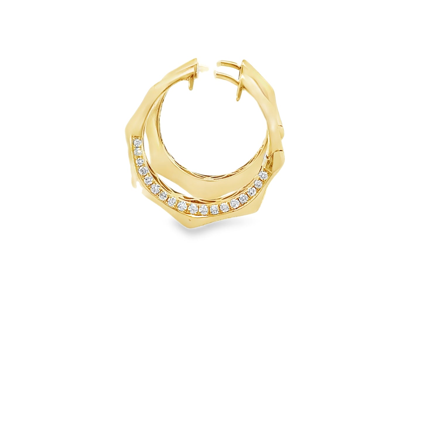 18K yellow gold geometric hoop earrings set with 36 pave round brilliant diamonds, 0.41 ctw. Stylish, modern, and beautifully crafted.