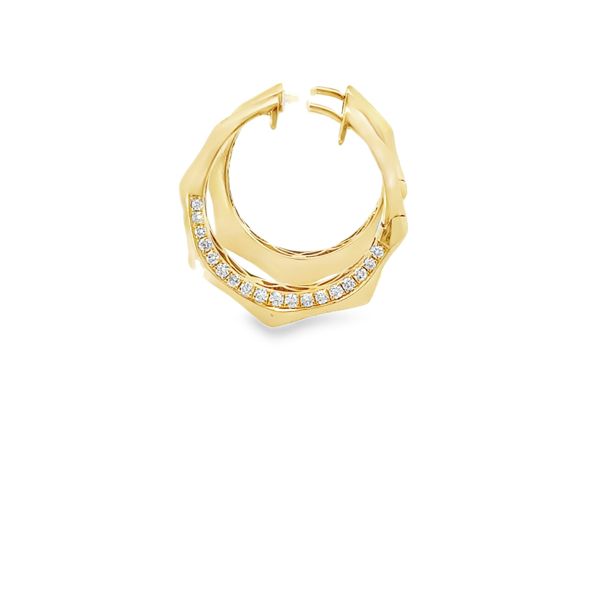 18K yellow gold geometric hoop earrings set with 36 pave round brilliant diamonds, 0.41 ctw. Stylish, modern, and beautifully crafted.
