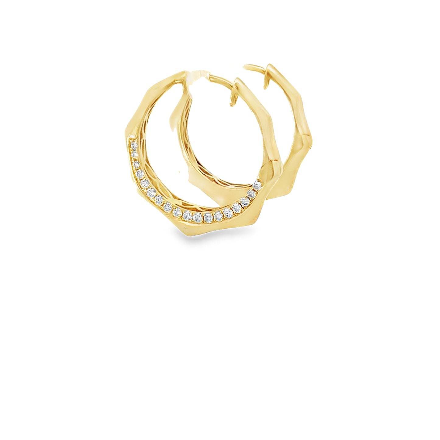 18K yellow gold geometric hoop earrings set with 36 pave round brilliant diamonds, 0.41 ctw. Stylish, modern, and beautifully crafted.