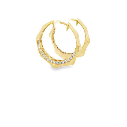18K yellow gold geometric hoop earrings set with 36 pave round brilliant diamonds, 0.41 ctw. Stylish, modern, and beautifully crafted.